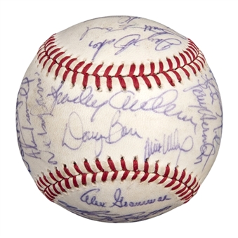 1984 Detroit Tigers World Champion Team Signed OAL Brown Baseball With 29 Signatures Including Sparky Anderson,Gibson & Trammell (Monge LOA & Beckett)